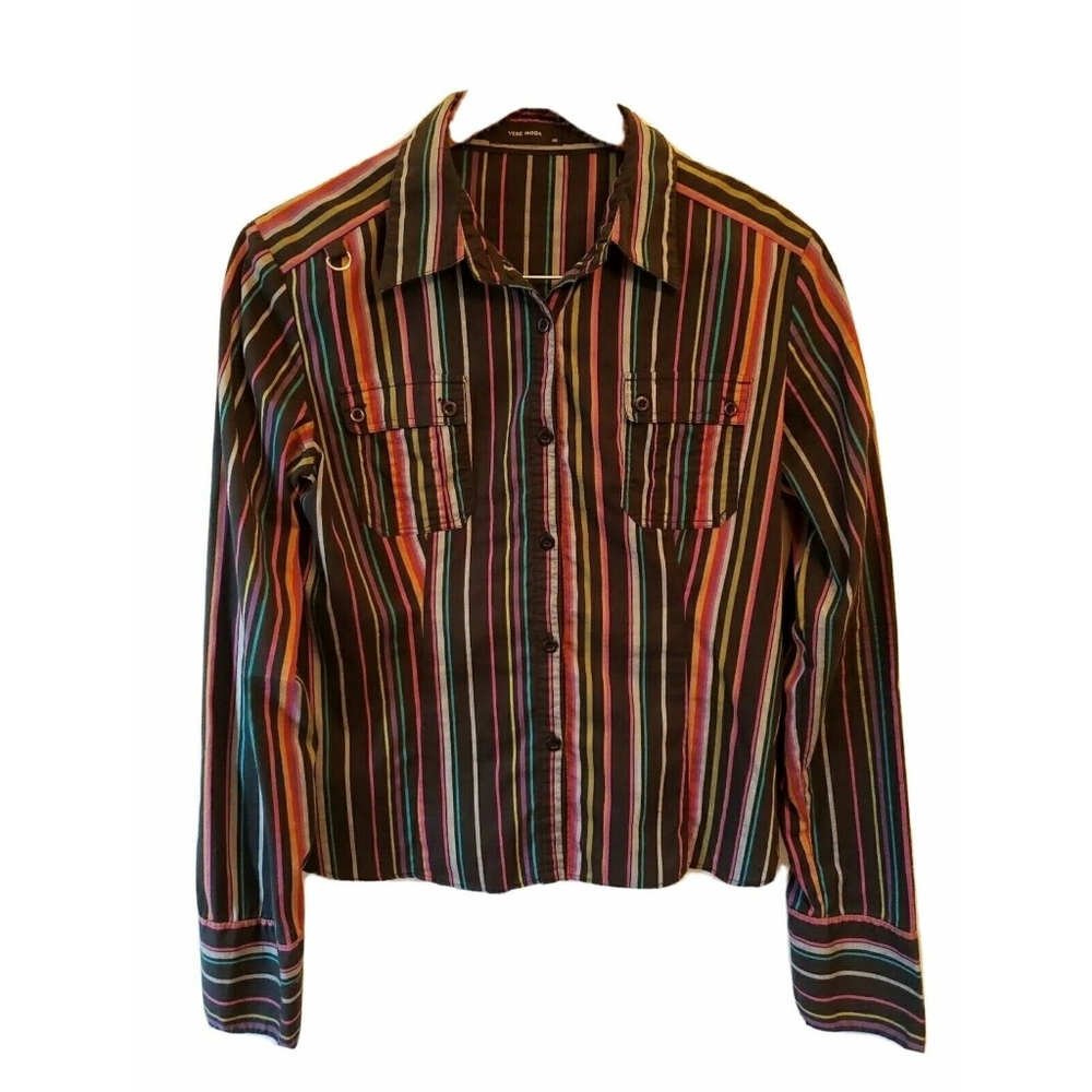 Vere Moda Black Multicolor Stripes Collared Button Cotton Dress Shirt 40 4 S M